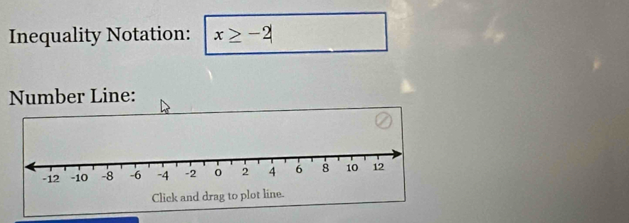 Inequality Notation: x≥ -2|
Number Line: