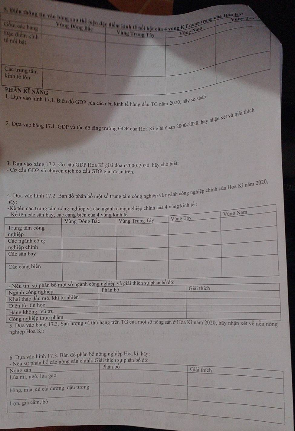 Biểu đồ GDP của các nền kinh tế hàng đầu TG năm 2020, hãy 
2. Dựa vào bảng 17.1. GDP và tốc độ tăng trưởng GDP của Hoa Kỉ giai đoạn 2000 -2020, hãy nhận xét và giải thích 
3. Dựa vào bảng 17.2. Cơ cấu GDP Hoa KÌ giai đoạn 2000 -2020, hãy cho biết: 
- Cơ cấu GDP và chuyền dịch cơ cấu GDP giai đoạn trên. 
hãy: 4. Dựa vào hình 17.2. Bản đồ phân bố một số trung tâm công nghiệp và ngành công nghiệp chính của Hoa Kì năm 2020, 
5. Dựa vào bảng 17.3. Sản lượng và thứ hạng trên TG của một số nông sản ở Hoa Kì năm 2020, hãy nhận xét về nễn nông 
nghiệp Hoa Kì: 
6. Dựa vào hình 17.3. Bản đồ phân bố nông nghiệp Hoa kì, hãy: