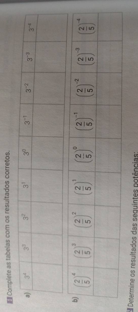 ■Complete as tabelas com os resultados corretos.
* Determine os resultados das sequintes potências: