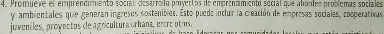 Promueve el emprendimiento social: desarrolla proyectos de emprendimiento social que aborden problemas sociales 
y ambientales que generan ingresos sostenibles. Esto puede incluir la creación de empresas sociales, cooperativas 
juveniles, proyectos de agricultura urbana, entre otros.