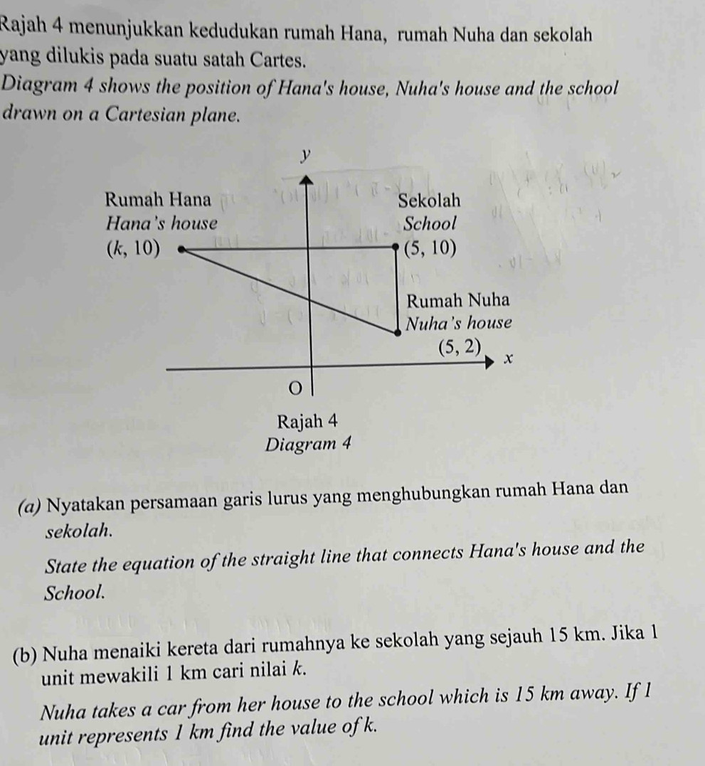 Rajah 4 menunjukkan kedudukan rumah Hana, rumah Nuha dan sekolah 
yang dilukis pada suatu satah Cartes. 
Diagram 4 shows the position of Hana's house, Nuha's house and the school 
drawn on a Cartesian plane.
y
Rumah Hana Sekolah 
Hana's house School
(k,10)
(5,10)
Rumah Nuha 
Nuha's house
(5,2) x
o 
Rajah 4 
Diagram 4 
(α) Nyatakan persamaan garis lurus yang menghubungkan rumah Hana dan 
sekolah. 
State the equation of the straight line that connects Hana's house and the 
School. 
(b) Nuha menaiki kereta dari rumahnya ke sekolah yang sejauh 15 km. Jika 1
unit mewakili 1 km cari nilai k. 
Nuha takes a car from her house to the school which is 15 km away. If 1
unit represents 1 km find the value of k.