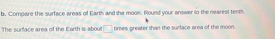 Compare the surface areas of Earth and the moon. Round your answer to the nearest tenth. 
The surface area of the Earth is about □ times greater than the surface area of the moon.