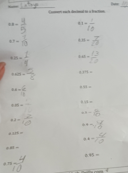 Date: 
Numes:_ 
_ 
Convert each decimal to a fraction.
0.8=
0.1=
0.7=
0.35=
0.25=
0.65=
0.625=
0.375=
0.55=
0.6=
0.15=
0.05=
0.5=
0.2=
0.9=
0.125=
0.4=
0.85=
0.95=
0.75=
Drills com