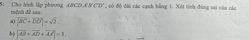 5: Cho hình lập phương ABCD.A B'C'D' , có độ dài các cạnh bằng 1. Xét tính đúng sai của các 
mệnh đề sau: 
a) |vector BC+vector DD'|=sqrt(2). 
b) |vector AB+vector AD+vector AA'|=3.