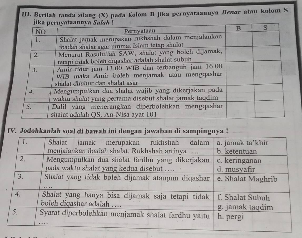 Berilah tanda silang (X) pada kolom B jika pernyataannya Benar atau kolom S 
IV. Jodohkanlah soal di bawah ini dengan jawaban di sampingnya !