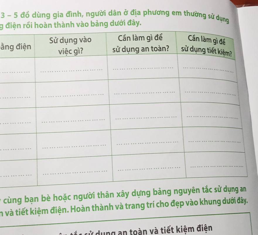 3 - 5 đồ dùng gia đình, người dân ở địa phương em thường sử dụng 
g đvào bảng dưới đây. 
ằn 
* cùng bạn bè hoặc người thâ 
in và tiết kiệm điện. Hoàn thành và trang trí cho đẹp vào khung dưới đây. 
dung an toàn và tiết kiệm điện