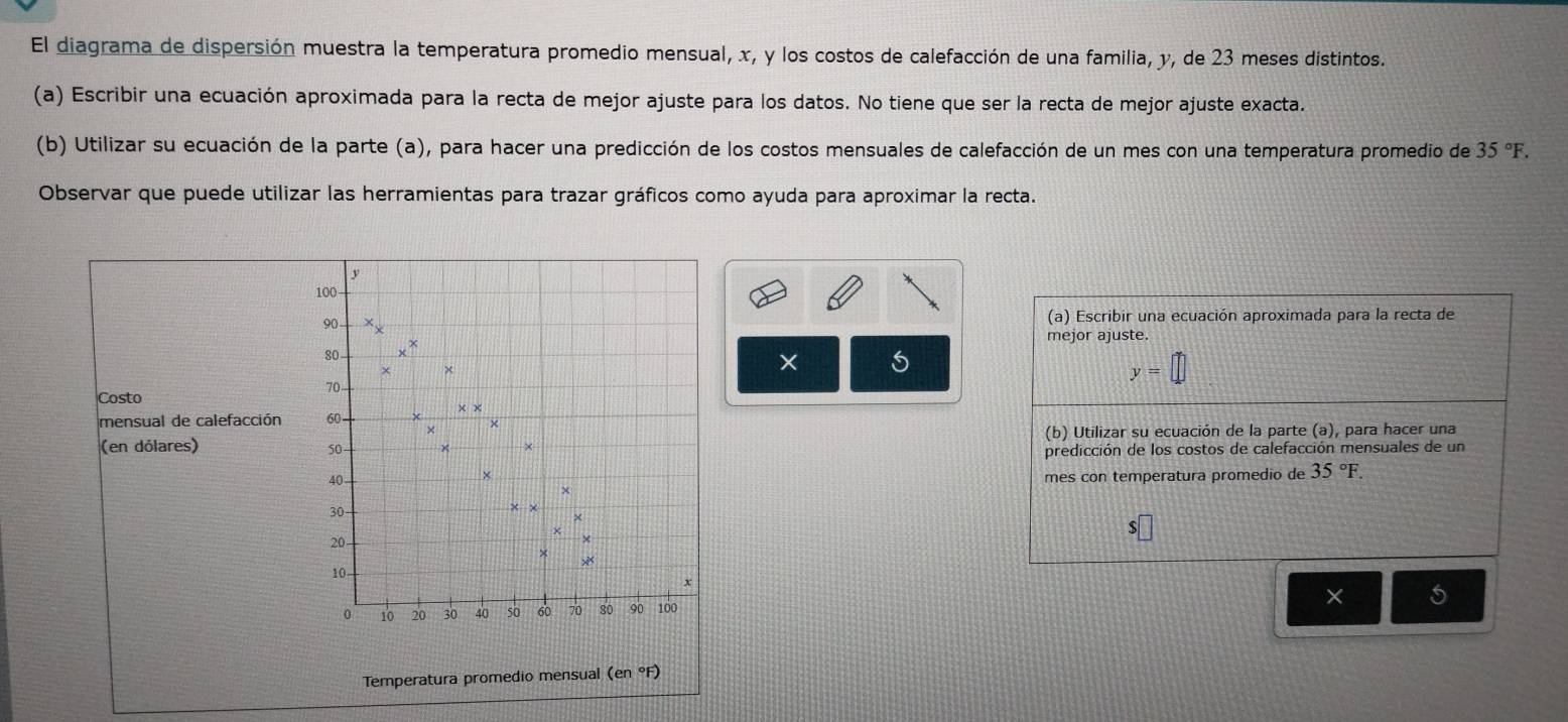 El diagrama de dispersión muestra la temperatura promedio mensual, x, y los costos de calefacción de una familia, y, de 23 meses distintos. 
(a) Escribir una ecuación aproximada para la recta de mejor ajuste para los datos. No tiene que ser la recta de mejor ajuste exacta. 
(b) Utilizar su ecuación de la parte (a), para hacer una predicción de los costos mensuales de calefacción de un mes con una temperatura promedio de 35°F. 
Observar que puede utilizar las herramientas para trazar gráficos como ayuda para aproximar la recta.
y
100
90
(a) Escribir una ecuación aproximada para la recta de 
mejor ajuste. 
so 
× 
× 5
y=□
70
Costo 
mensual de calefacción 60 × × 
(en dólares) 50 (b) Utilizar su ecuación de la parte (a), para hacer una 
predicción de los costos de calefacción mensuales de un
40
× 
mes con temperatura promedio de 35°F.
x
30 -
$
20 -
10 - 
* 
×
0 10 20 30 40 50 60 70 so 90 100
Temperatura promedio mensual (en °F)