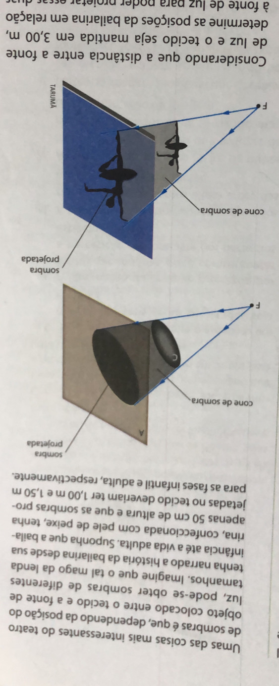 Umas das coisas mais interessantes do teatro 
de sombras é que, dependendo da posição do 
objeto colocado entre o tecido e a fonte de 
luz, pode-se obter sombras de diferentes 
tamanhos. Imagine que o tal mago da lenda 
tenha narrado a história da bailarina desde sua 
infância até a vida adulta. Suponha que a baila- 
rina, confeccionada com pele de peixe, tenha 
apenas 50 cm de altura e que as sombras pro- 
jetadas no tecido deveriam ter 1,00 m e 1,50 m
para as fases infantil e adulta, respectivamente. 
F 
a 
co 
F 
Considerando que a distância entre a fonte 
de luz e o tecido seja mantida em 3,00 m, 
determine as posições da bailarina em relação 
à fonte de luz para poder projetar essas duas