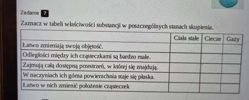 Zadanie 7 
Zaznacz w tabeli właściwości substancji w poszczególnyc