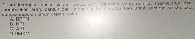 Suatu kerangka dasar sistem perbankan Indonesia yang bersifat menyeluruh dan
memberikan arah, bentuk dan tatanan industri perbankan untuk rentang waktu lima
sampai sepuluh tahun depan, yaitu...
A. BPPN
B. NPL
C. API
D.UMKM