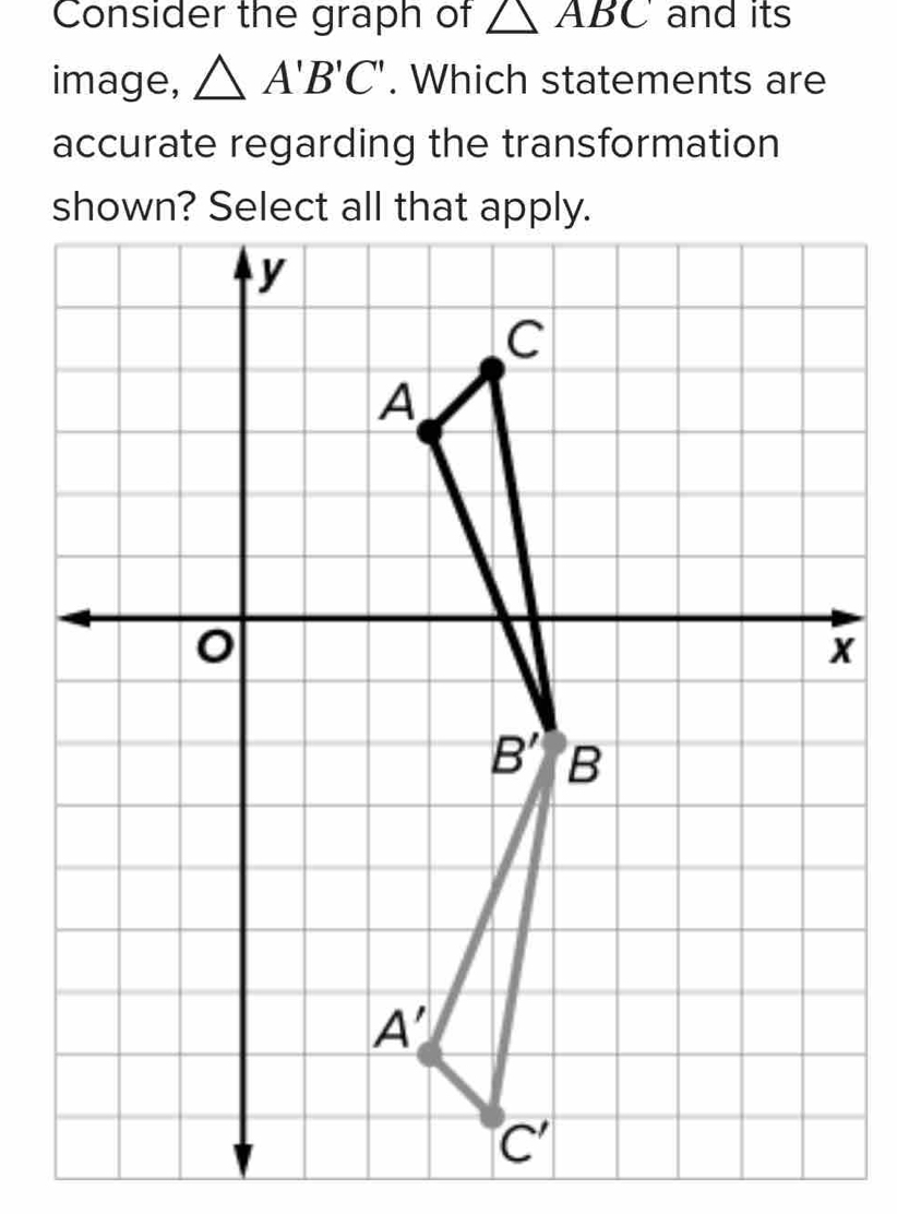 Consider the graph of △ ABC and its
image, △ A'B'C'. Which statements are
accurate regarding the transformation
shown? Select all that apply.
y
C
A
X
B' B
A'
C'