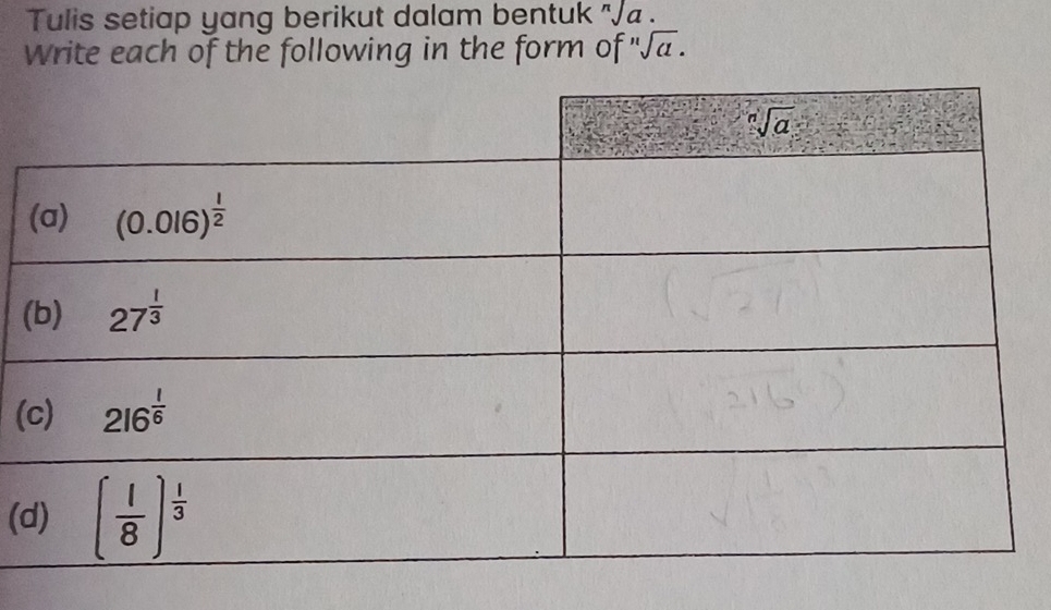 Tulis setiap yang berikut dalam bentuk ''√ .
Write each of the following in the form of ''sqrt(c1).
(
(
(