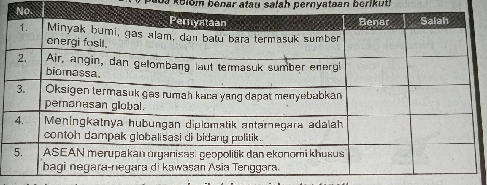 da kolom benar atau salah pernyataan berikut!