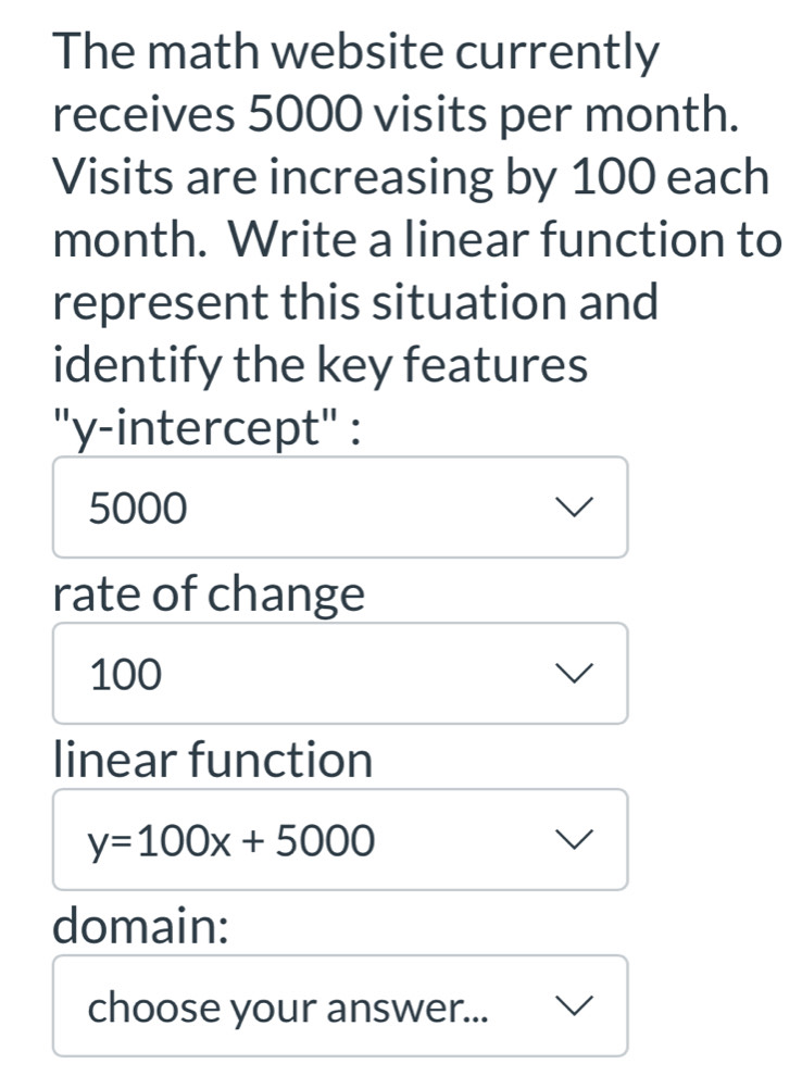 The math website currently 
receives 5000 visits per month. 
Visits are increasing by 100 each
month. Write a linear function to 
represent this situation and 
identify the key features 
"y-intercept" :
5000
rate of change
100
linear function
y=100x+5000
domain: 
choose your answer...