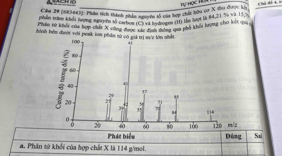 SACH ID 
Tự học hua t 
Câu 29 [683443]: Phân tích thành phần nguyên tổ của hợp chất hữu cơ X thu được kết Chủ đề 4. H 
phần trăm khối lượng nguyên tố carbon (C) và hydrogen (H) lần lượt là 84, 21 % và 15,75
Phân tử khổi của hợp chất X cũng được xác định thông qua phổ khối lượng cho kết quả 
hình bên đưới với peak ion phân t
m/z
Phát biểu Đúng Sai 
a. Phân tử khối của hợp chất X là 114 g/mol.