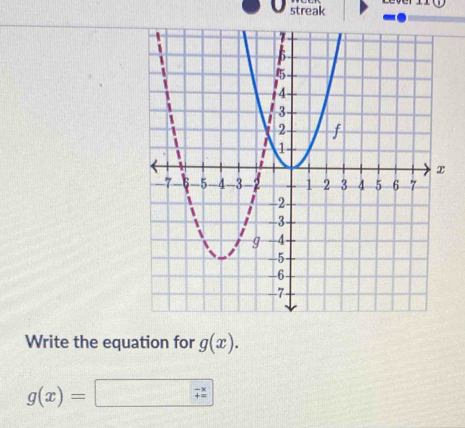 streak 
Write the equation for g(x).
g(x)=........... 1