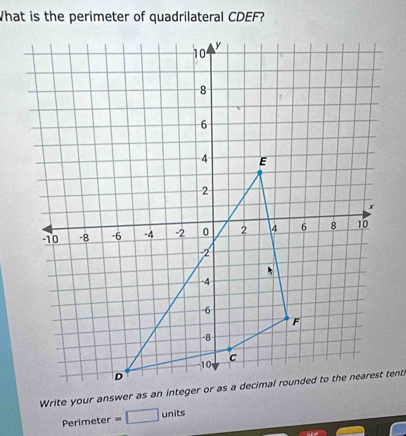 What is the perimeter of quadrilateral CDEF?
Perimeter =□ units