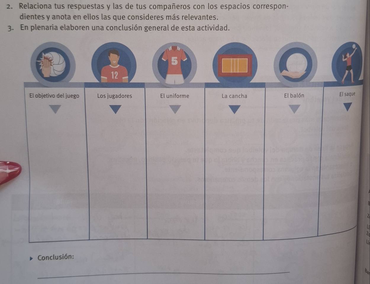 Relaciona tus respuestas y las de tus compañeros con los espacios correspon- 
dientes y anota en ellos las que consideres más relevantes. 
3. En plenaria elaboren una conclusión general de esta actividad. 
2 
l 
2 
Li 
Conclusión: 
_ 
Bar