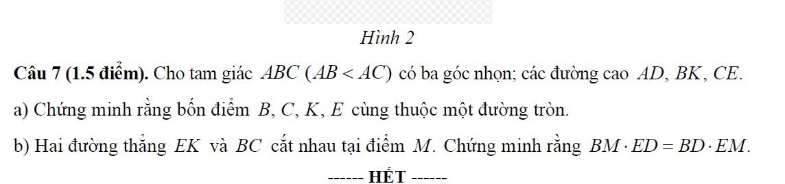 Hình 2 
Câu 7 (1.5 điểm). Cho tam giác A ABC(AB có ba góc nhọn; các đường cao AD, BK, CE. 
a) Chứng minh rằng bốn điểm B, C, K, E cùng thuộc một đường tròn. 
b) Hai đường thắng EK và BC cắt nhau tại điểm M. Chứng minh rằng BM· ED=BD· EM. 
_HÉT_