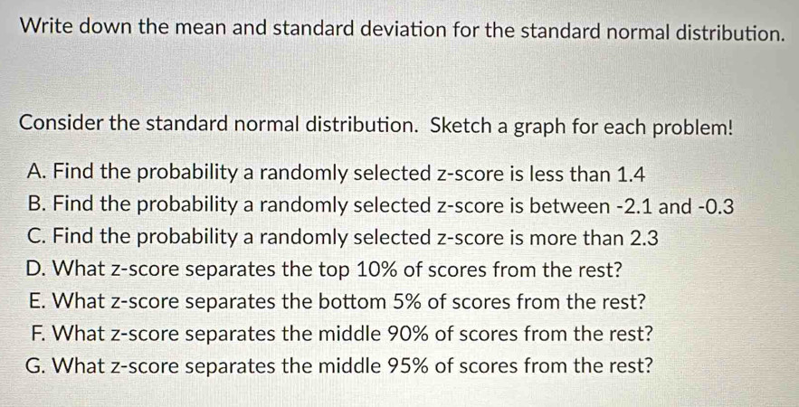 Write down the mean and standard deviation for the standard normal distribution. 
Consider the standard normal distribution. Sketch a graph for each problem! 
A. Find the probability a randomly selected z-score is less than 1.4
B. Find the probability a randomly selected z-score is between -2.1 and -0.3
C. Find the probability a randomly selected z-score is more than 2.3
D. What z-score separates the top 10% of scores from the rest? 
E. What z-score separates the bottom 5% of scores from the rest? 
F. What z-score separates the middle 90% of scores from the rest? 
G. What z-score separates the middle 95% of scores from the rest?