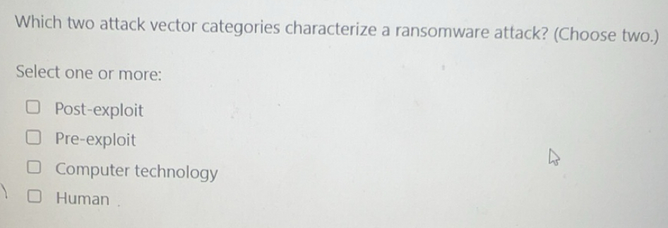 Solved: Which two attack vector categories characterize a ransomware ...