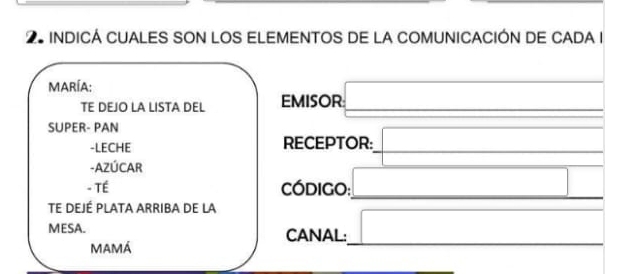 INDICÁ CUALES SON LOS ELEMENTOS DE LA COMUNICACIÓN DE CADA I 
MARÍA: 
TE DEJO LA LISTA DEL EMISOR_ 
SUPER- PAN 
_ 
-LECHE RECEPTOR:_ 
-AZÚCAR 
_ 
- TÉ Código:_ 
TE DEJÉ PLATA ARRIBA DE LA 
_ 
MESA. CANAL: 
MAMÁ 
_ 
_