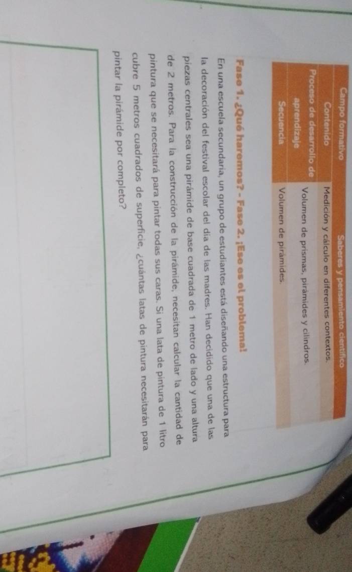 Fase 1. ¿Qué haremos? - Fase 2. ¡Ese es el problema! 
En una escuela secundaria, un grupo de estudiantes está diseñando una estructura para 
la decoración del festival escolar del día de las madres. Han decidido que una de las 
piezas centrales sea una pirámide de base cuadrada de 1 metro de lado y una altura 
de 2 metros. Para la construcción de la pirámide, necesitan calcular la cantidad de 
pintura que se necesitará para pintar todas sus caras. Si una lata de pintura de 1 litro 
cubre 5 metros cuadrados de superficie, ¿cuántas latas de pintura necesitarán para 
pintar la pirámide por completo?