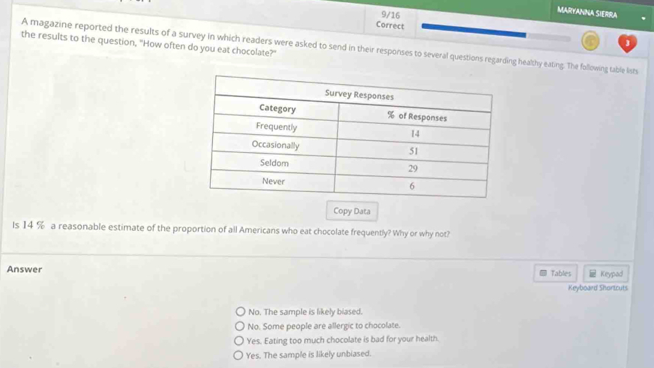 9/16
MARYANNA SIERRA
Correct
the results to the question, "How often do you eat chocolate?"
A magazine reported the results of a survey in which readers were asked to send in their responses to several questions regarding healthy eating. The following table lists
Copy Data
Is 14 % a reasonable estimate of the proportion of all Americans who eat chocolate frequently? Why or why not?
Answer Tables Keypad
Keyboard Shortcuts
No. The sample is likely biased.
No. Some people are allergic to chocolate.
Yes, Eating too much chocolate is bad for your health.
Yes. The sample is likely unbiased.