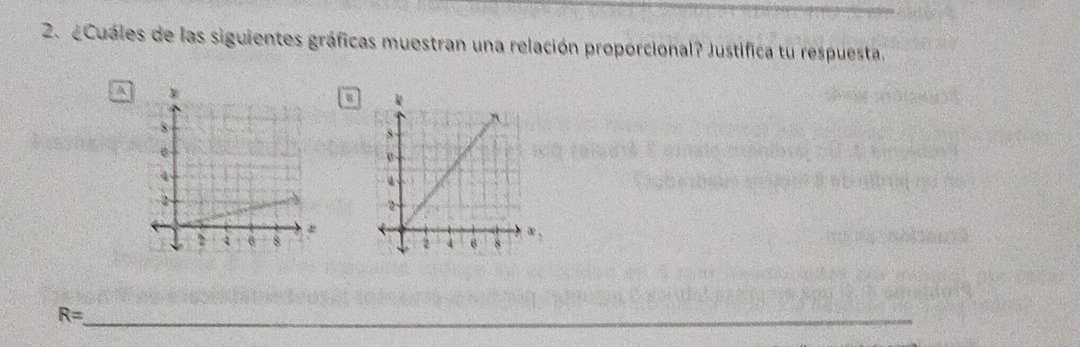 ¿Cuáles de las siguientes gráficas muestran una relación proporcional? Justifica tu respuesta.
A
6

R= _