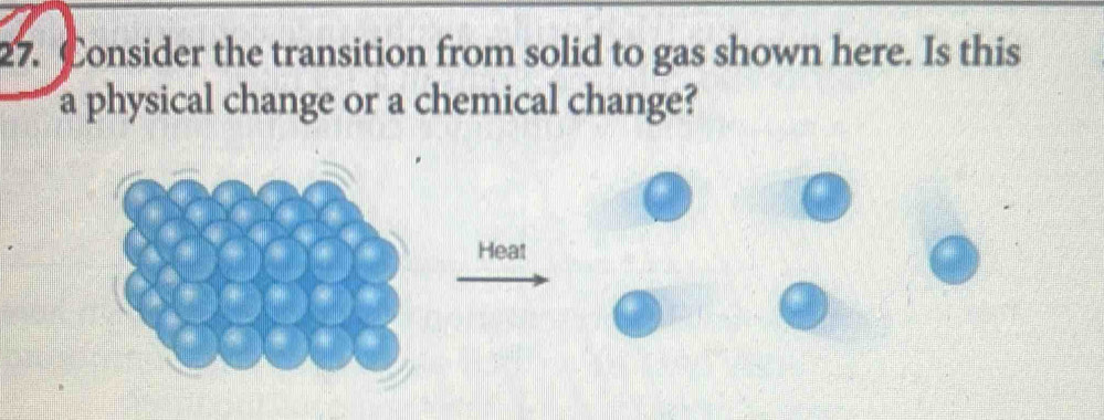 Consider the transition from solid to gas shown here. Is this 
a physical change or a chemical change? 
Heat