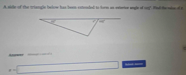 A sidle of the triangle below has been extended to form an exterior angle of 125". Find the mhac of r
Actistmet amet c on al 2
z=□ Sufent Rmm