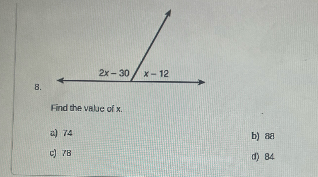 Find the value of x.
a) 74
b) 88
c) 78
d) 84