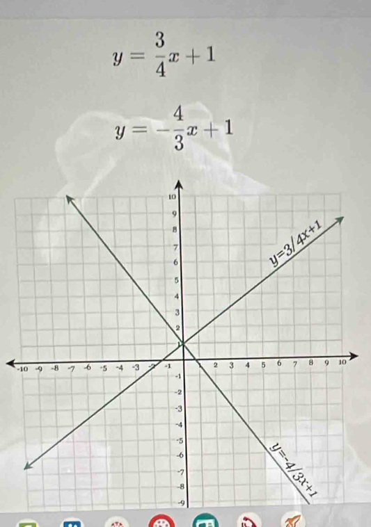 y= 3/4 x+1
y=- 4/3 x+1
-