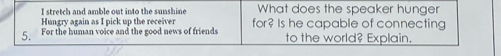 stretch and amble out into the sunshine What does the speaker hunger 
Hungry again as I pick up the receiver 
5. For the human voice and the good news of friends for? Is he capable of connecting 
to the world? Explain.