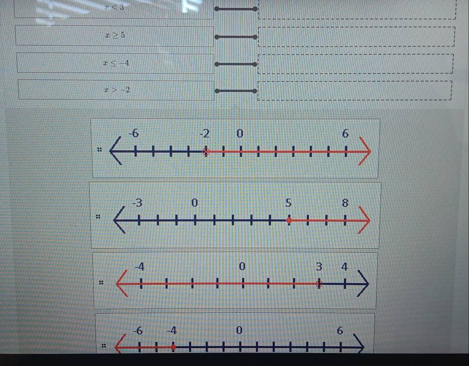 r<3</tex>
x≥ 5
x≤ -4
x>-2