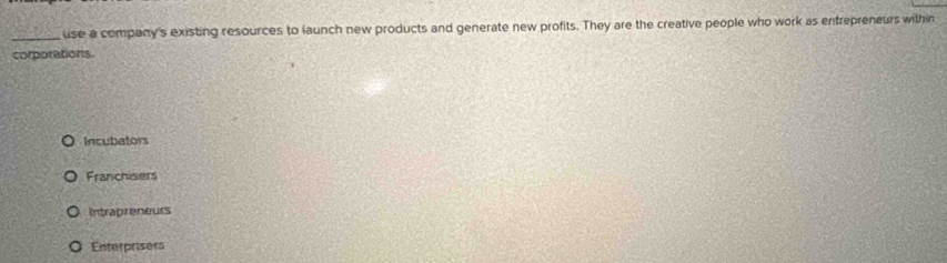 use a company's existing resources to launch new products and generate new profits. They are the creative people who work as entrepreneurs within
corporations.
Incubators
Franchisers
Intrapreneurs
Enterprisers