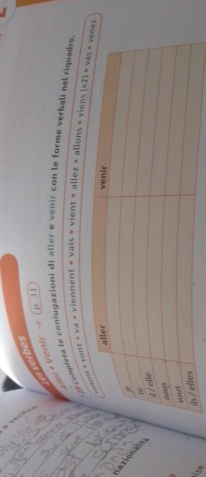 é
_Lesverbes
p. 31
_
Aller• Venir
_ 19 Completa le coniugazioni di aller e venir con le forme verbali nel riquadro.
_
vont » va • viennent » vais » vient » allez • allons » viens
azionals
4
ise