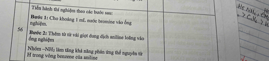 Tiến hành thí nghiệm theo các bước sau: 
Bước 1: Cho khoảng 1 mL nước bromine vào ống 
nghiệm.
56 Bước 2: Thêm từ từ vài giọt dung dịch aniline loãng vào 
ống nghiệm 
Nhóm -NH_2 làm tăng khả năng phản ứng thế nguyên tử 
H trong vòng benzene của aniline