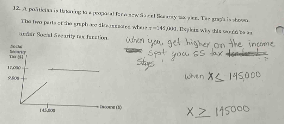 A politician is listening to a proposal for a new Social Security tax plan. The graph is shown. 
The two parts of the graph are disconnected where x=145,000. Explain why this would be an 
unfair Social Security tax function.