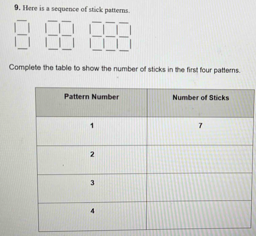 Here is a sequence of stick patterns. 
Complete the table to show the number of sticks in the first four patterns.