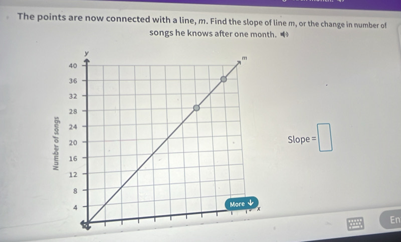 The points are now connected with a line, m. Find the slope of line m, or the change in number of 
songs he knows after one month. 
Slope =□
…' En