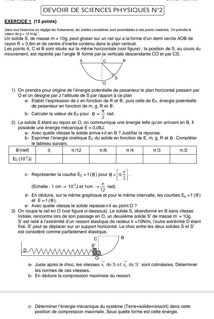 DEVOIR DE SCIENCES PHYSIQUES N°2
EXERCICE 1 (15 points)
Dans tout l'exercice on néglige les frottements, les solides considérés sont assimilables à des points matériels. On prendra la
valeur de g=10N.kg^(-1).
Un solide S, de masse m=10g , peut glisser sur un rail qui a la forme d'un demi cercle AOB de
rayon R=0.8m h et de centre d'inertie contenu dans le plan vertical.
Les points A, C et B sont situés sur la même horizontale (voir figure) ; la position de S, au cours du
mouvement, est repérée par l'angle θ formé par la verticale descendante CO et par CS.
1) On prendra pour origine de l'énergie potentielle de pesanteur le plan horizontal passant par
O et on désigne par z l'altitude de S par rapport à ce plan
a- Établir l'expression de z en fonction de R et θ, puis celle de Ep, énergie potentielle
de pesanteur en fonction de m, g, R et θ.
b- Calculer la valeur de E_P pour θ = π /2 rad.
2) Le solide S étant au repos en O, on communique une énergie telle qu'en arrivant en B, Il
possède une énergie mécanique E=0,08J.
a- Avec quelle vitesse le solide arrive-t-il en B ? Justifier la réponse.
b- Exprimer l'énergie cinétique E_C du solide en fonction de E, m, g, R et θ. Compléter
c- Représenter la courbe E_c=f(θ ) pour θ ∈ [0, π /2 ].
(Echelle : 1cmto 10^(-2)J et 1cmto  π /12 rad).
d- En déduire, sur le même graphique et pour le même intervalle, les courbes E_p=f(θ )
et E=f(θ ).
e- Avec quelle vitesse le solide repass e-t-il au point O ?
3) On coupe le rail en O (voir figure ci-dessous). Le solide S, abandonné en B sans vitesse
initiale, rencontre lors de son passage en O, un deuxième solide S' de masse m'=10g.
S' est relié à l'extrémité d'un ressort élastique de raideur k=10N/m , l'autre extrémité D étant
fixé. S' peut se déplacer sur un support horizontal. Le choc entre les deux solides S et S'
est considéré comme parfaitement élastique.
C B
S'
0
a- Juste après le choc, les vitesses vector v_1 de S et vector v_2 de S' sont colinéaires. Déterminer
les normes de ces vitesses.
b- En déduire la compression maximale du ressort.
c- Déterminer l'énergie mécanique du système (Terre+solide+ressort) dans cette
position de compression maximale. Sous quelle forme est cette énergie.