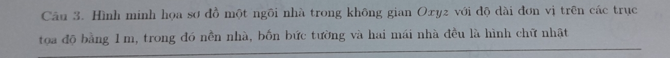 Hình minh họa sơ đồ một ngôi nhà trong không gian Oxy2 với độ dài đơn vị trên các trục 
toa độ bằng 1 m, trong đó nền nhà, bốn bức tường và hai mái nhà đều là hình chữ nhật