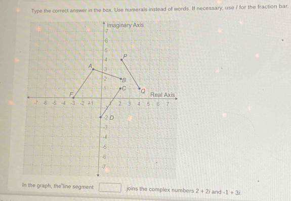 Type the correct answer in the box. Use numerals instead of words. If necessary, use / for the fraction bar. 
In the graph, the line segment □ joins the complex numbers 2+2i and -1+3i.