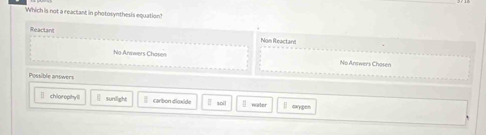 Which is not a reactant in photosynthesis equation?
Reactant
Non Reactant
No Answers Chosen No Answers Chosen
Possible answers
: chlorophyll beginarrayr □  □ endarray sunlight carbon dioxide frac 11 □ □  12 soil water beginarrayr □  □ endarray oxygen