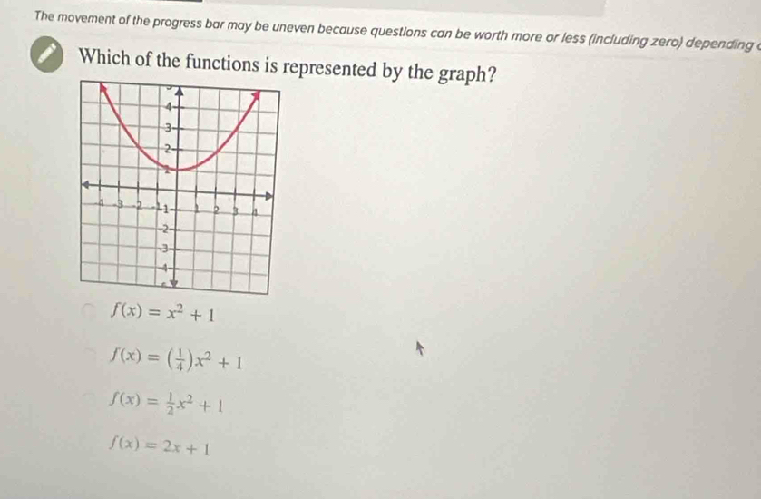 The movement of the progress bar may be uneven because questions can be worth more or less (including zero) depending 
Which of the functions is represented by the graph?
f(x)=x^2+1
f(x)=( 1/4 )x^2+1
f(x)= 1/2 x^2+1
f(x)=2x+1