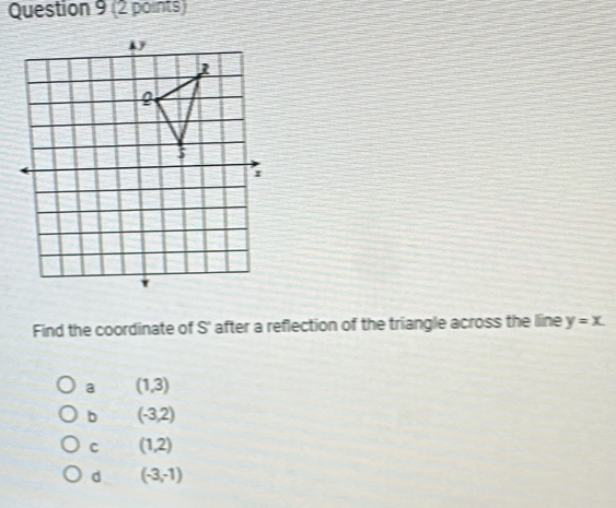 Find the coordinate of S' after a reflection of the triangle across the line y=x.
a (1,3)
b (-3,2)
C (1,2)
d (-3,-1)