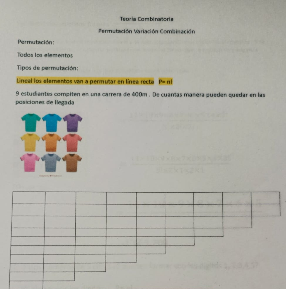 Teoría Combinatoria 
Permutación Variación Combinación 
Permutación: 
Todos los elementos 
Tipos de permutación: 
Lineal los elementos van a permutar en línea recta P=n!
9 estudiantes compiten en una carrera de 400m. De cuantas manera pueden quedar en las 
posiciones de llegada