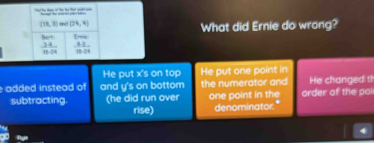 What did Ernie do wrong?
He put x's on top He put one point in
added instead of and y's on bottom the numerator and He changed th
subtracting. (he did run over one point in the order of the poil
rise) denominator.