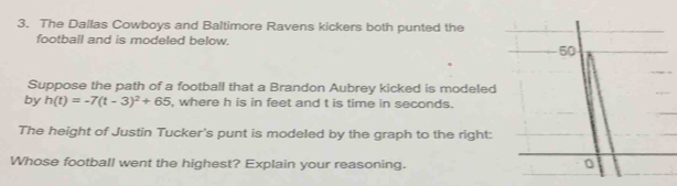 The Dallas Cowboys and Baltimore Ravens kickers both punted the 
football and is modeled below. 
Suppose the path of a football that a Brandon Aubrey kicked is modeled 
by h(t)=-7(t-3)^2+65 , where h is in feet and t is time in seconds. 
The height of Justin Tucker's punt is modeled by the graph to the right: 
Whose football went the highest? Explain your reasoning.